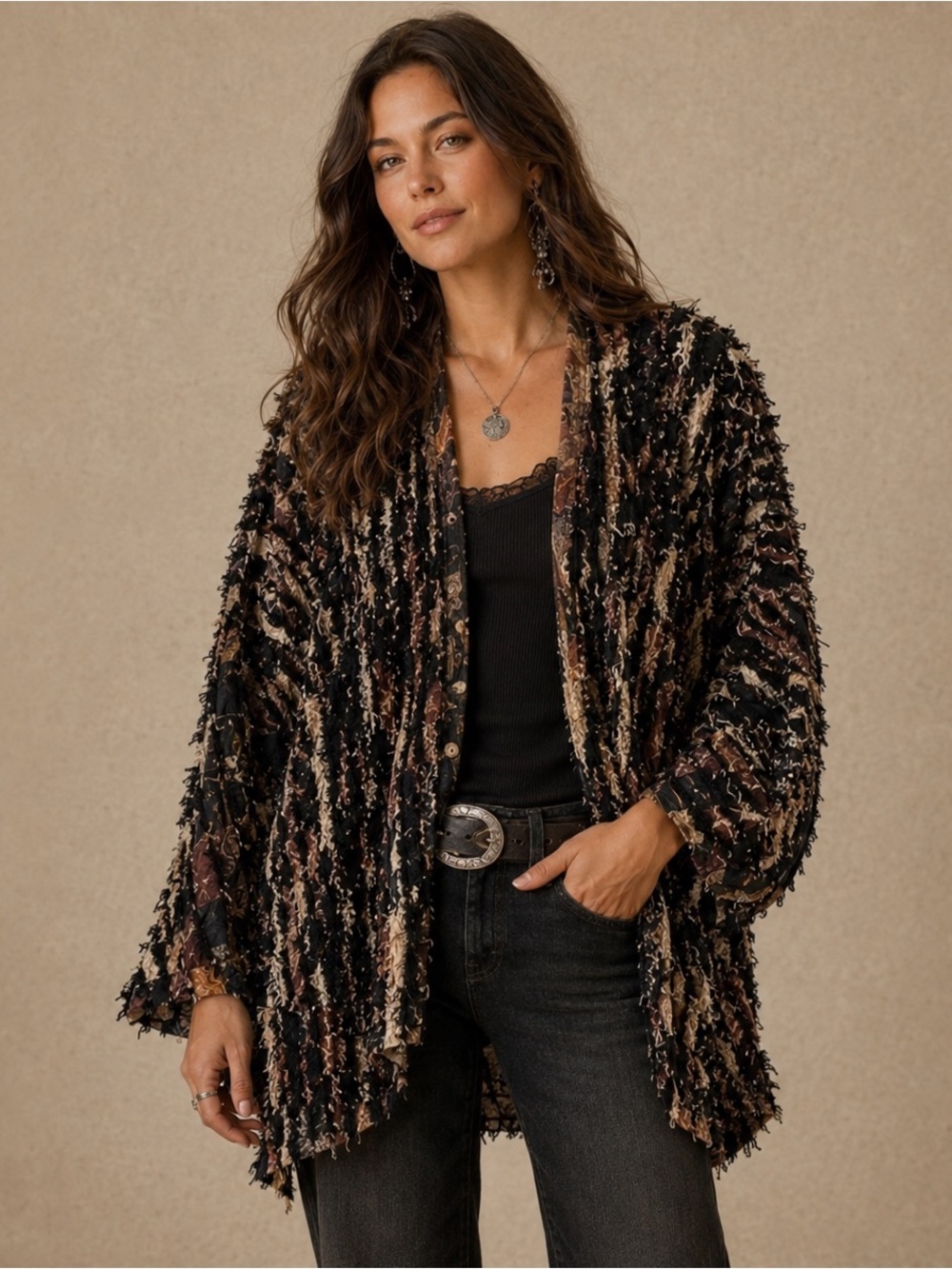 Vintage Artisan Textured Patchwork Western‎ Boho Jacket Lightweight Relaxed L/XL